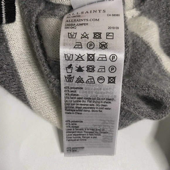 All saints Womens Cassia Jumper Gray White Stripe Boat Neck Wool Sweater… - Picture 9 of 11